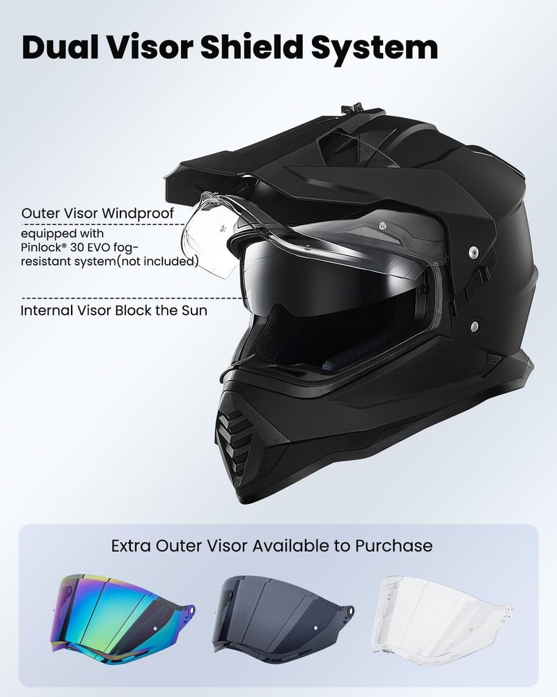 ILM Dual Sport Adventure Motorcycle Helmet with Pinlock Compatible Sun Visor Snowmobile ATV Dirt Bike Off Road Casco Model WS902 (Matte Black, XL) - Image 3